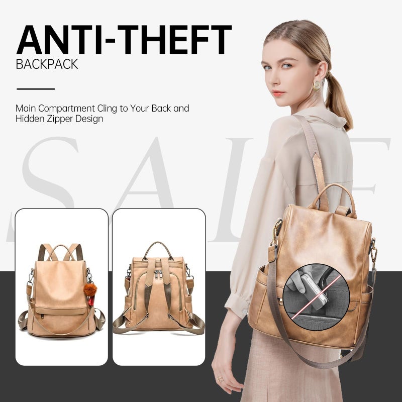 CHERUTY Women Backpack Purse PU Leather Anti-theft Casual Shoulder Bag Fashion Ladies Satchel Bags(Beige Large) - Image 2